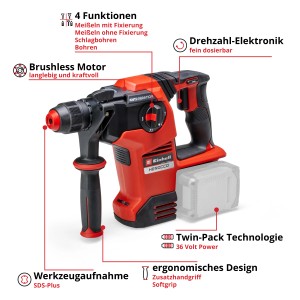 Einhell Akku-Bohrhammer Herocco 36/28 im Koffer, rot/schwarz. Leistungsstarkes Werkzeug für Bohr-, Hammerbohr- und Meißelarbeiten.