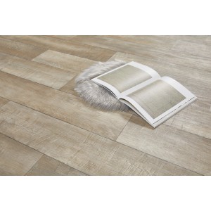 Andiamo PVC-Bodenbelag in Landhausdielenoptik Grau, mit Buch auf Teppich