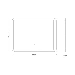 Skizze des silbernen Kristall-Form LED-Spiegels RoomLight III, 80x60 cm, mit Maßangaben.