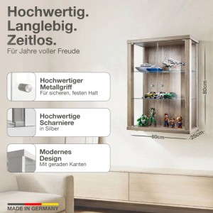 Hängevitrine in Sonoma Eiche mit Glastüren und Glasböden, ideal für Sammlerstücke.