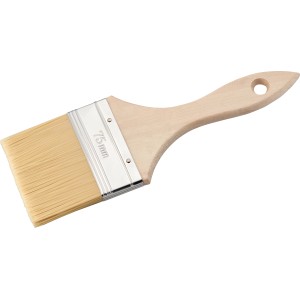 Flachpinsel, 75 mm breit, mit hellem Naturborsten und Holzstiel mit Aufhängeloch.