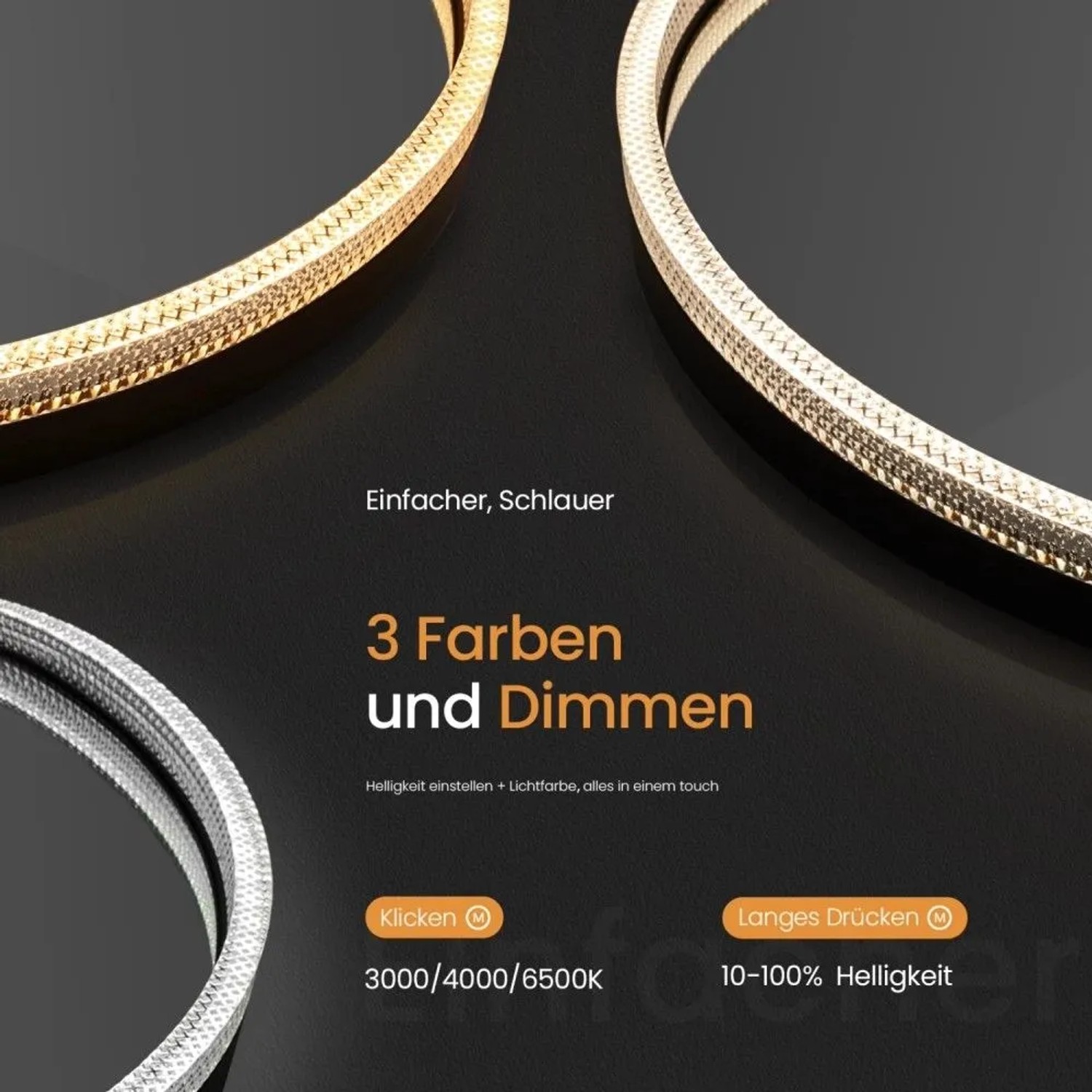 Emke runder LED Badezimmerspiegel mit goldenem Acrylrahmen. 3 Lichtfarben (3000K-6500K) und 10-100% dimmbar.