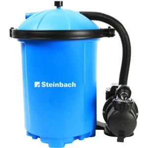 Steinbach Filteranlage Active Balls 75: Blaue Sandfilteranlage mit Pumpe und Schlauch.