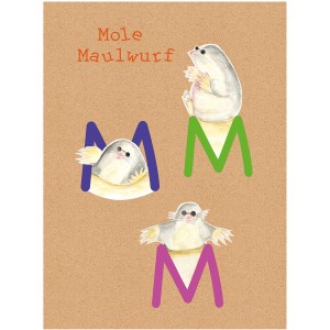 Komar Wandbild ABC Animal M: Illustration mit Maulwürfen und bunten Buchstaben M auf braunem Hintergrund.