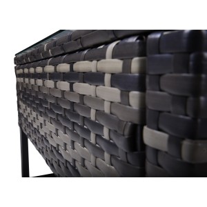 Detailansicht der grauen Polyrattan-Aufbewahrungsbox der Lounge-Eckgruppe Ramira von Garden Pleasure.