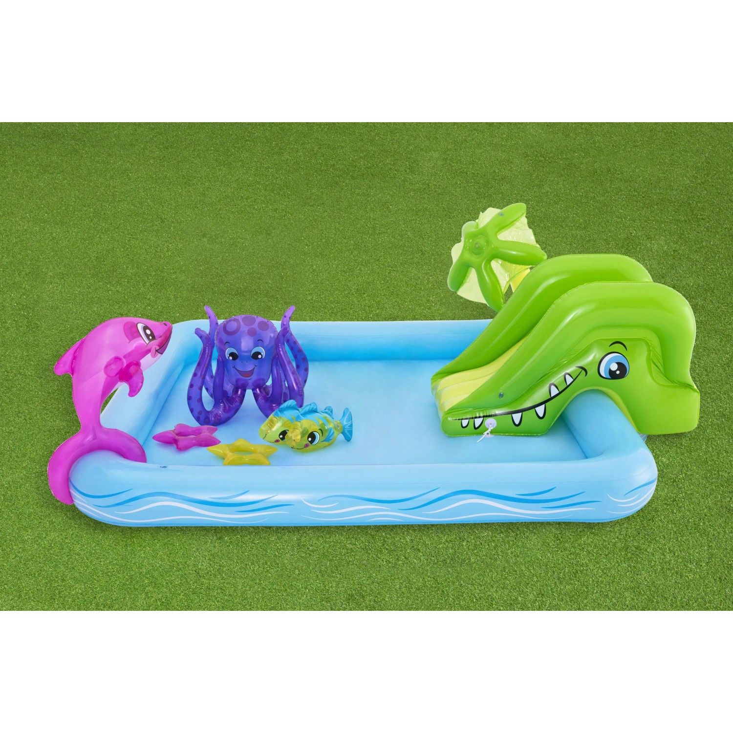 Bestway Wasserspielcenter Aquarium mit Rutsche und Meerestier-Figuren.