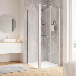 Schulte ExpressPlus Pendeltür mit Seitenwand, Alu-Natur, 200x80 cm, im Badezimmer.