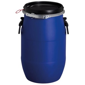 Blaues 30L Kunststoff-Weithalsfass, lebensmittelecht mit UN-Kennzeichnung, Deckel und Spannring.