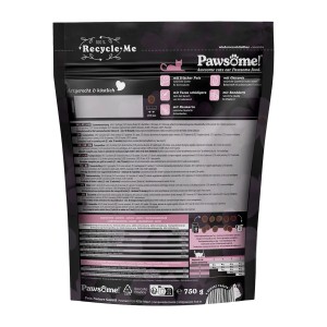 Rückseite der Pawsome Katzenfutter Junior Pute 750g Packung. Details zu Zutaten und Fütterungsempfehlung.