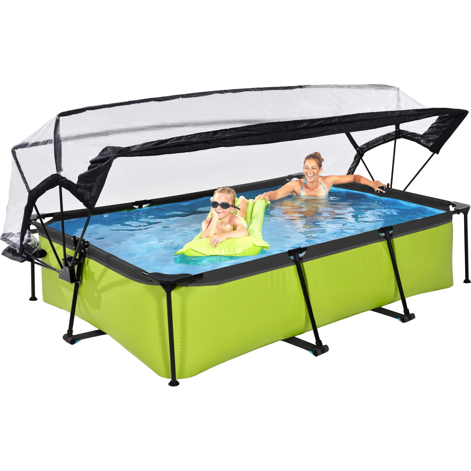 Rechteckiger, grüner Stahlrahmenpool mit Abdeckung, EXIT Lime Pool 300x200x65 cm, mit Kindern im Wasser.
