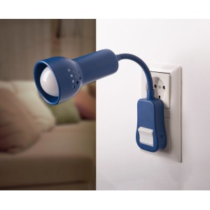 Blauer Näve Steckerspot mit flexiblem Arm und Clip in Steckdose.