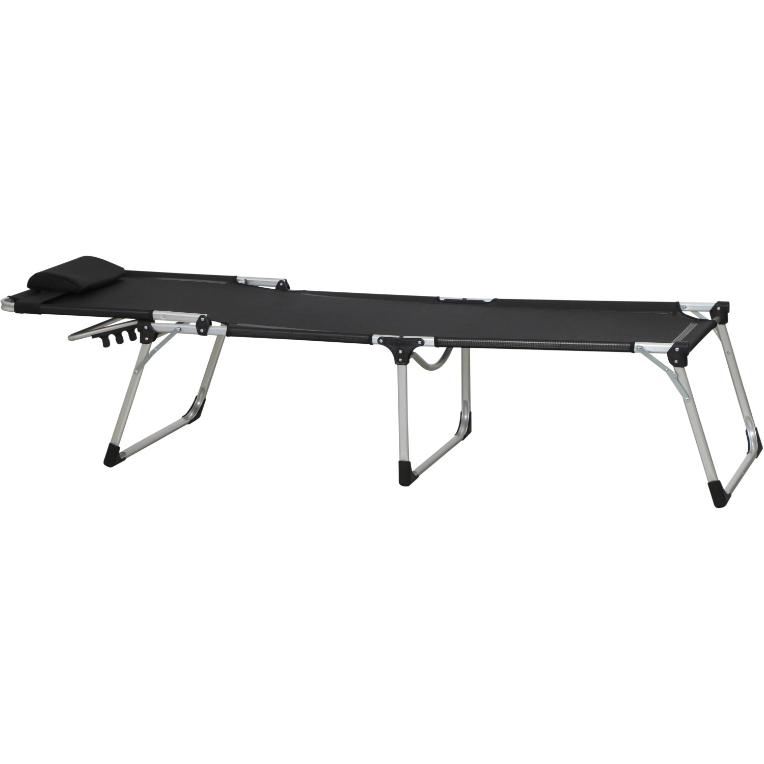 Schwarze Siena Garden Dreibeinliege Sole, eine klappbare Sonnenliege mit Aluminiumgestell und Kopfkissen.