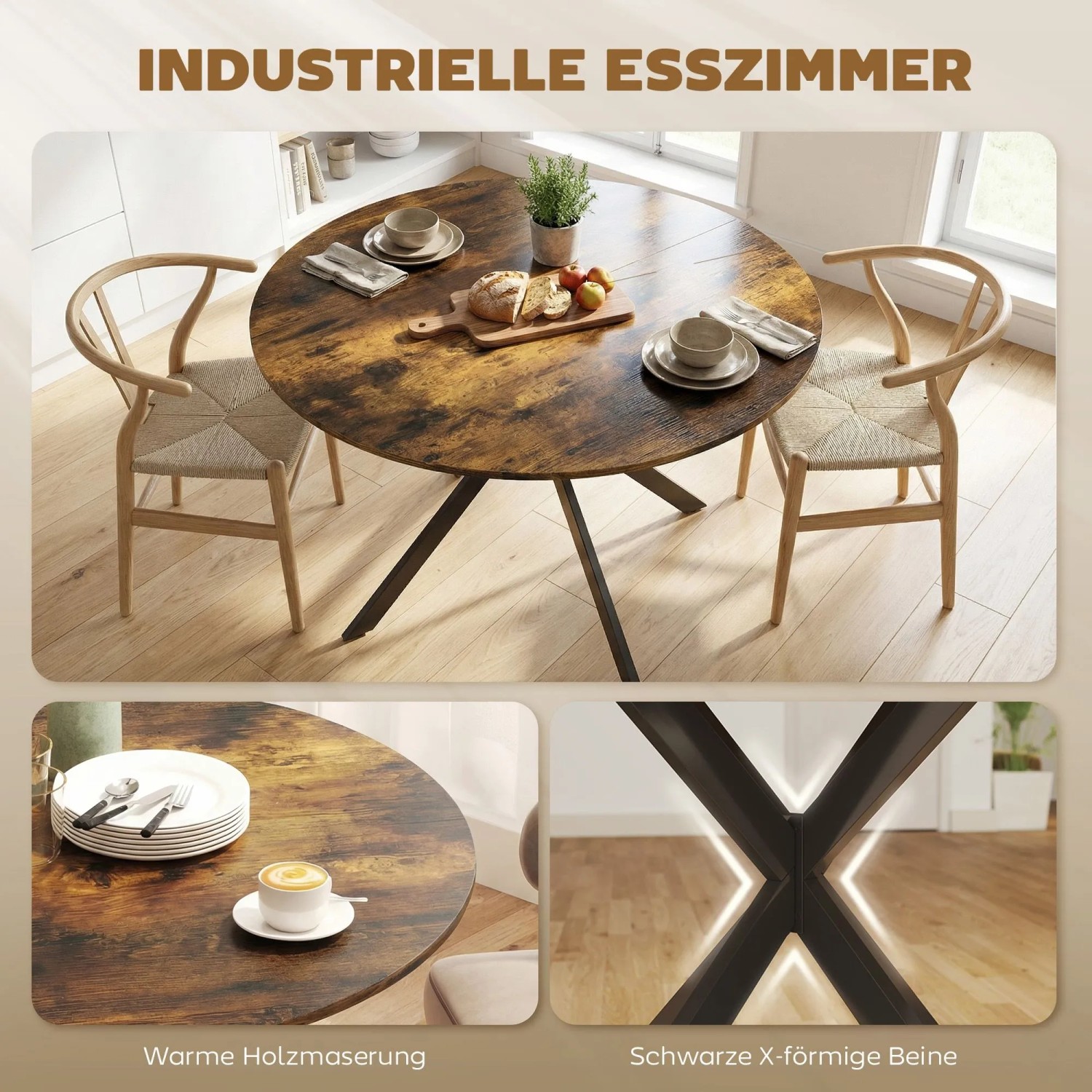 Runder Esstisch in Rustikal-Braun mit Holzoptik und schwarzen X-förmigen Stahlbeinen im Esszimmer.