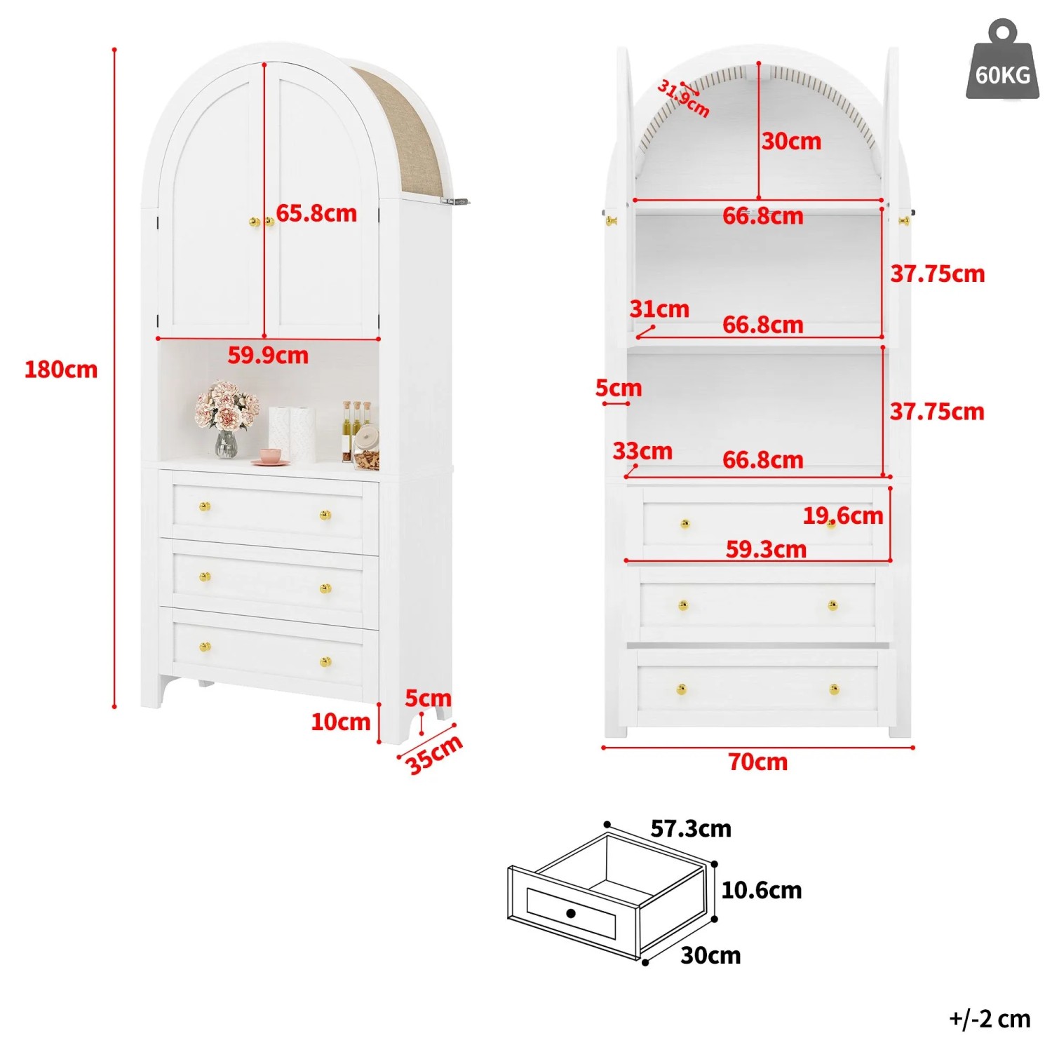 okwish Aufbewahrungsschrank mit Schubladen Türen Regal Wohnzimmer 70x35x180cm Weiß_5