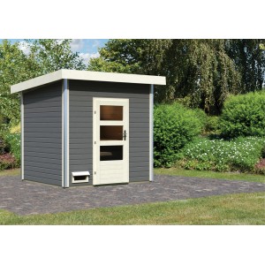 Karibu Saunahaus Norman: Graues Saunahaus mit Holztür und drei Fenstern im Garten.