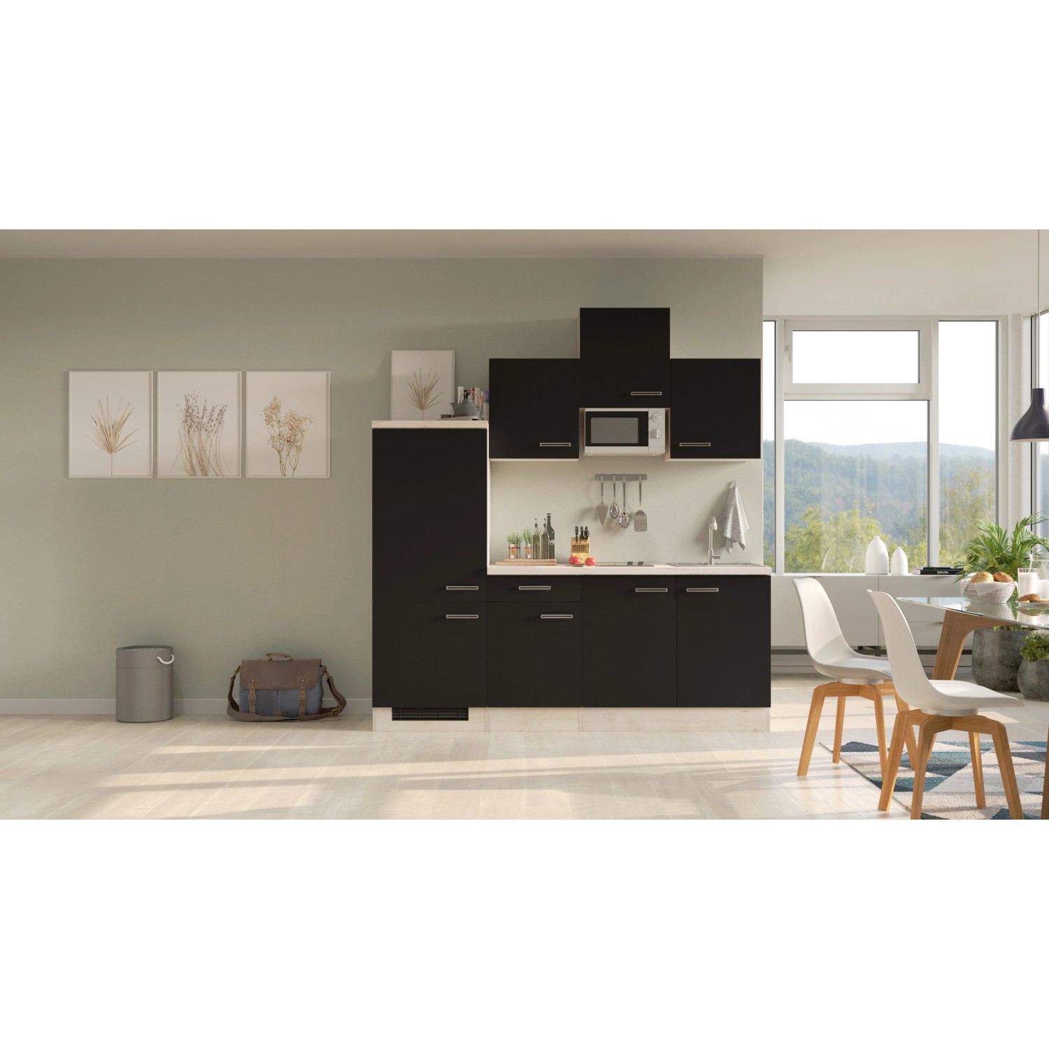 Flex-Well Küchenzeile Lara 210 cm in Anthrazit und San Remo Eiche Dekor mit E-Geräten.