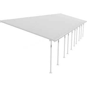 Weiße Palram Canopia Terrassenüberdachung Feria 4x14.57 mit Polycarbonat-Dachplatten und Aluminiumrahmen.