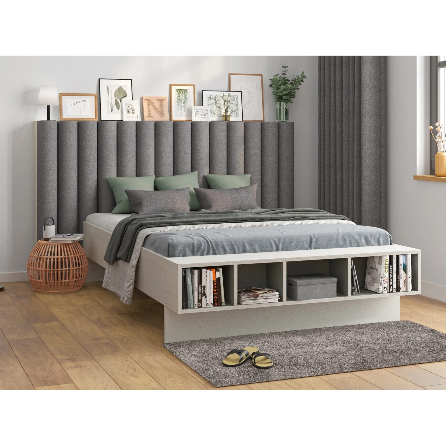 Bett mit dunkelgrauem Wandkissen (60x30cm) in Rechteckform. Strukturierte Oberfläche, Teil der Kategorie Dekor-Paneele.