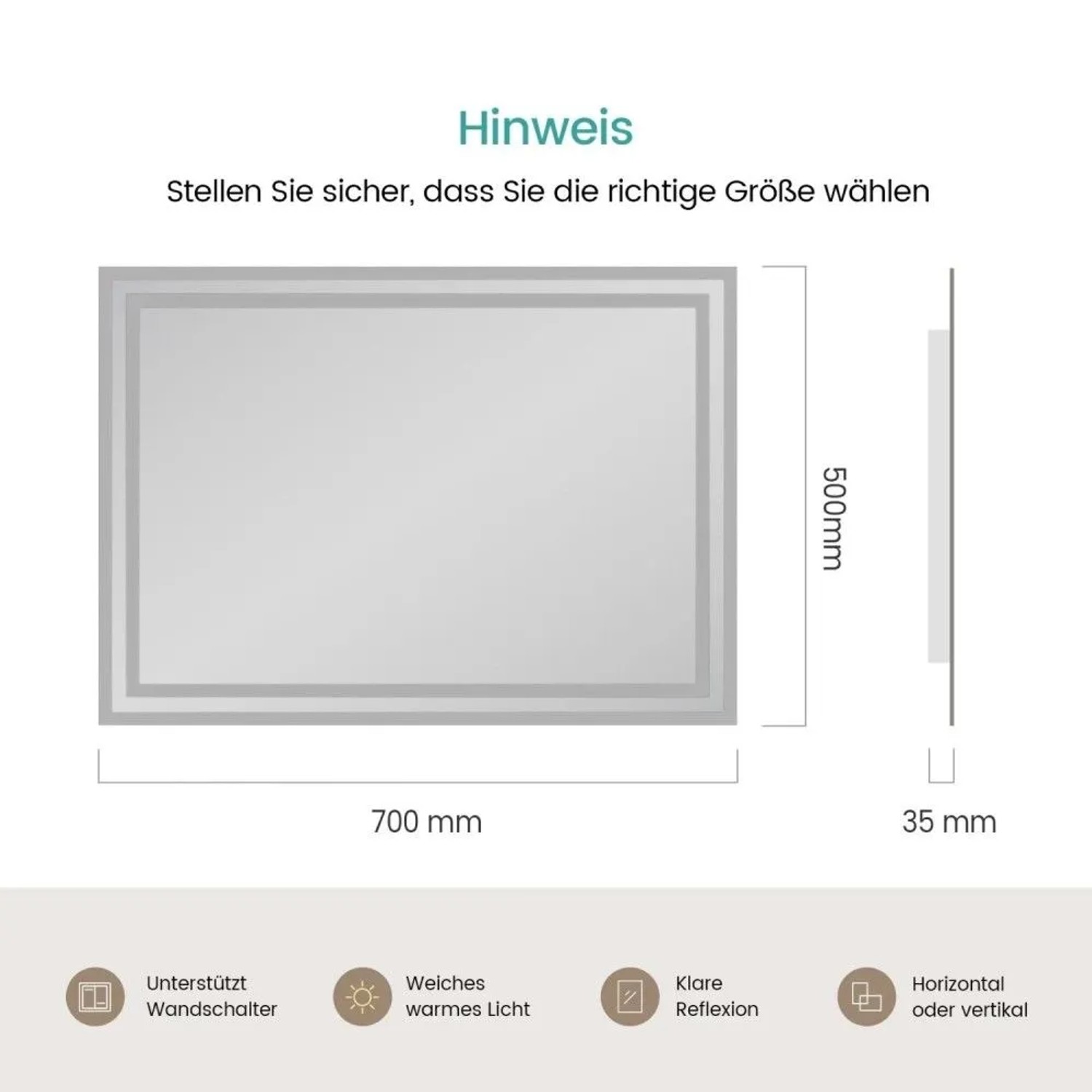 Rechteckiger Emke Badspiegel 70x50cm mit LED-Beleuchtung, Wandschalter. Warmweißes Licht, klare Reflexion, horizontal/vertikal montierbar.