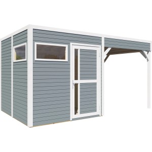 Hellgraues Bertilo Holz-Gartenhaus Cubus 2 Lounge mit Fenster und Überdachung.