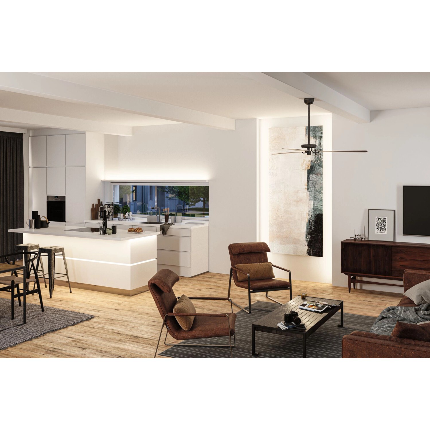 Wohnraum mit Paulmann MaxLED 1000 LED Streifen als indirekte Beleuchtung unter der Kücheninsel.