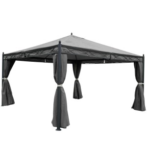 Graue MCW Pergola Calpe 4x4m mit Dach, Seitenwänden und Moskitonetz.
