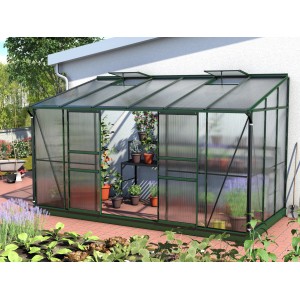 Anlehn-Gewächshaus Ida 7800 Smaragd mit Doppelschiebetür und Dachfenstern, an Hauswand montiert.