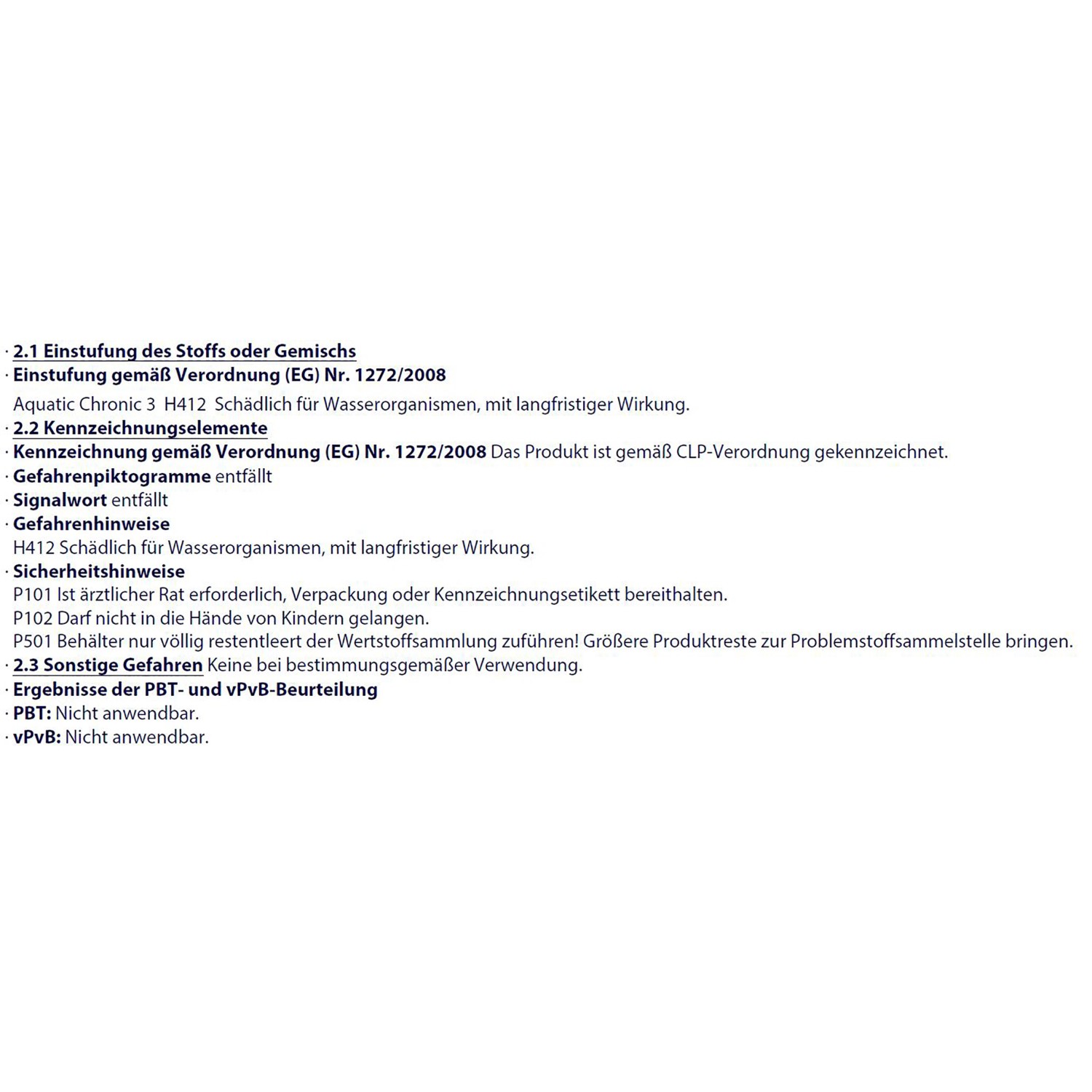 Sicherheitshinweise und Gefahrenhinweise gemäß Verordnung (EG) Nr. 1272/2008