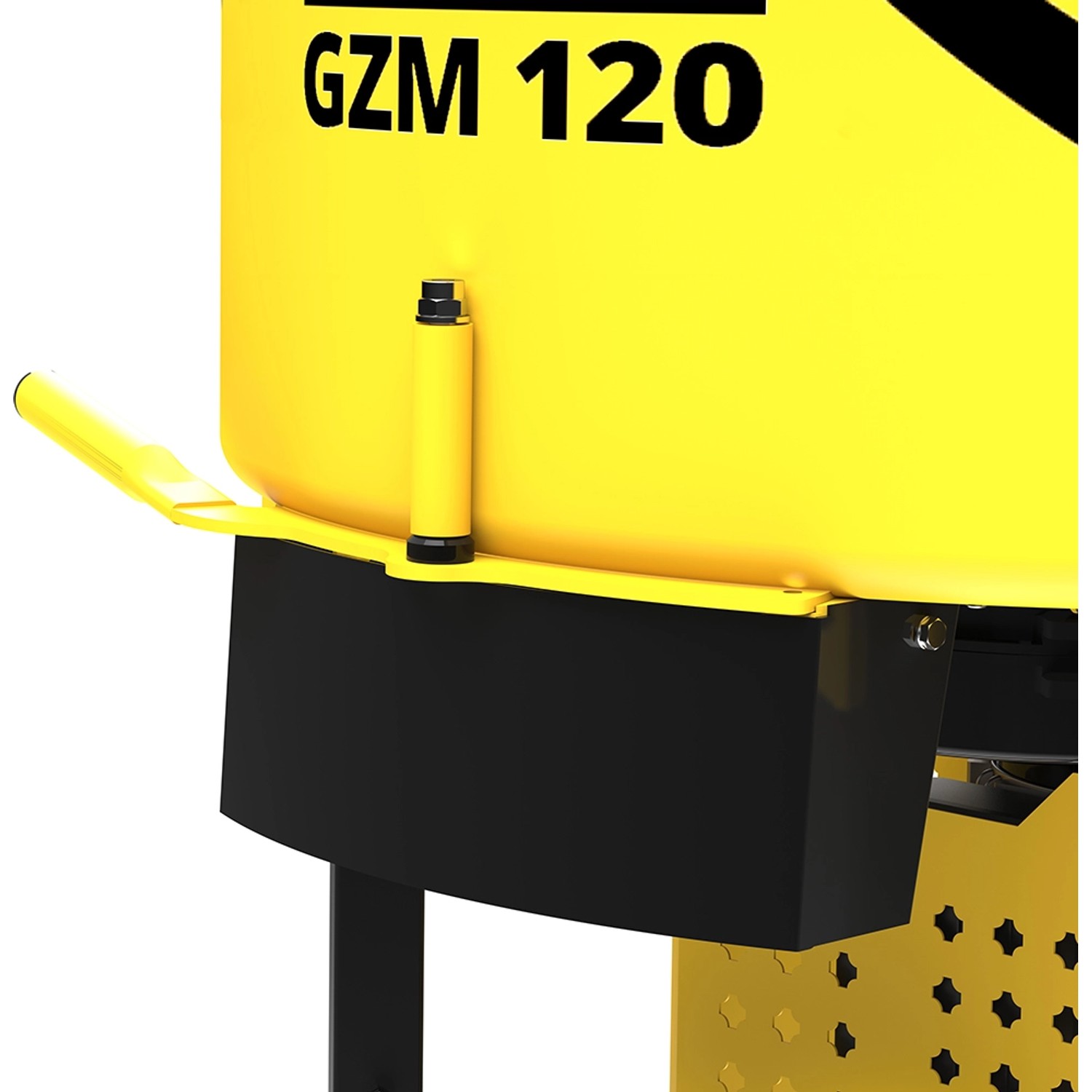 Detailaufnahme: Güde Zwangsmischer GZM 120 in Gelb-Schwarz. Baugerät mit Sackaufreißer.