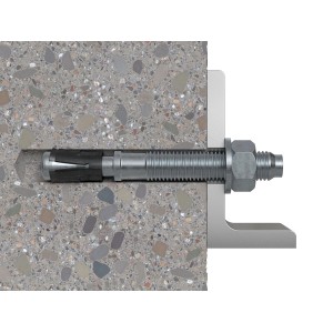 Fischer Bolzenanker FAZ II 10/100 im Einsatz in Betonwand mit Montageteil.