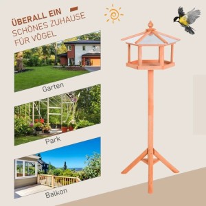 Hölzernes Vogelhaus mit Ständer und sechseckigem Zinkdach für Garten, Balkon oder Park. Ideal als Vogelfutterhaus.