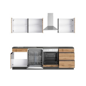 Moderne Küchenzeile Turin 240 cm in Wotaneiche-Graphit mit E-Geräten wie Herd, Spüle und Dunstabzugshaube.