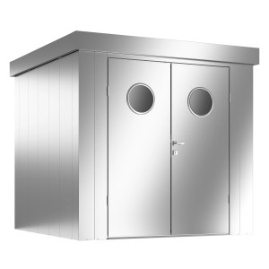 Modernes Guardi Gerätehaus L in Silber Metallic mit Doppeltür und runden Fenstern.