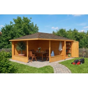 Imprägnierte 5-Eck Gartenlaube Maik-40 mit Anbau und Gartenmöbeln.