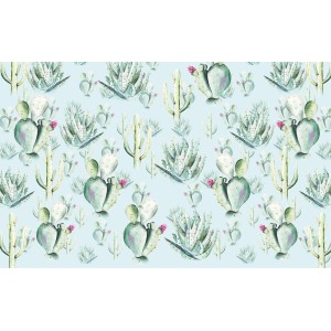 Komar Fototapete Vlies Cactus Blue, 400x250cm, mit Kakteen-Motiv auf hellblauem Hintergrund.
