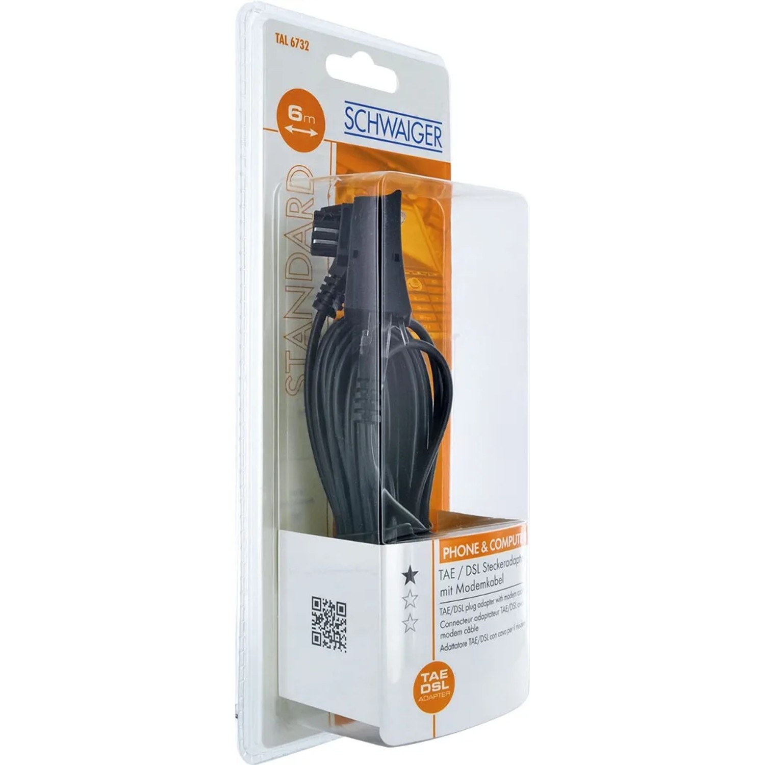 Schwaiger TAE/DSL Steckeradapter mit Modemkabel, verpackt. Für Netzwerktechnik und DSL-Anschluss.