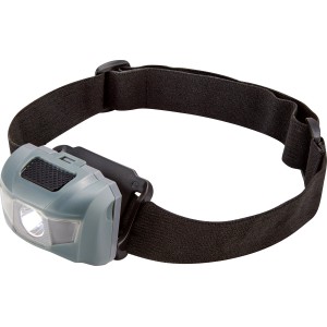 Grau-silberne LED Kopflampe LX334 mit verstellbarem Kopfband für Sport und Freizeit.