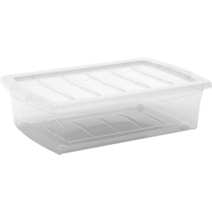 Transparente Aufbewahrungsbox Home XM mit Deckel und 4 Rollen für einfache Lagerung.