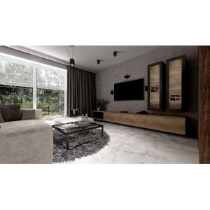 Verlegtes Feinsteinzeug, glasiert und poliert, 60x60 cm, in Wohnraum-Szene.