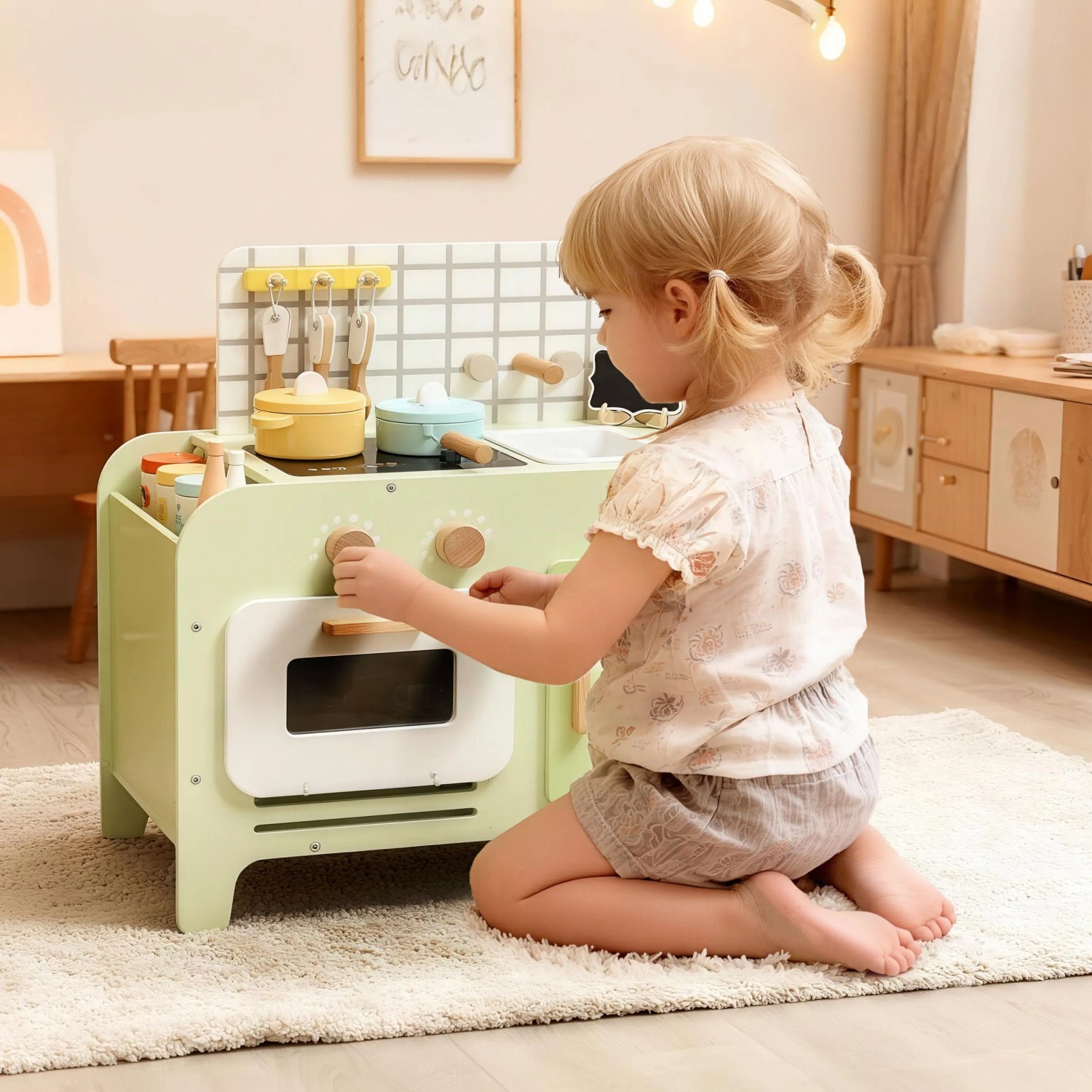 Kind spielt an grüner AIYAPLAY MDF Kinderküche mit Herd, Ofen, Spüle und Zubehör. Realistischer Spielspaß.