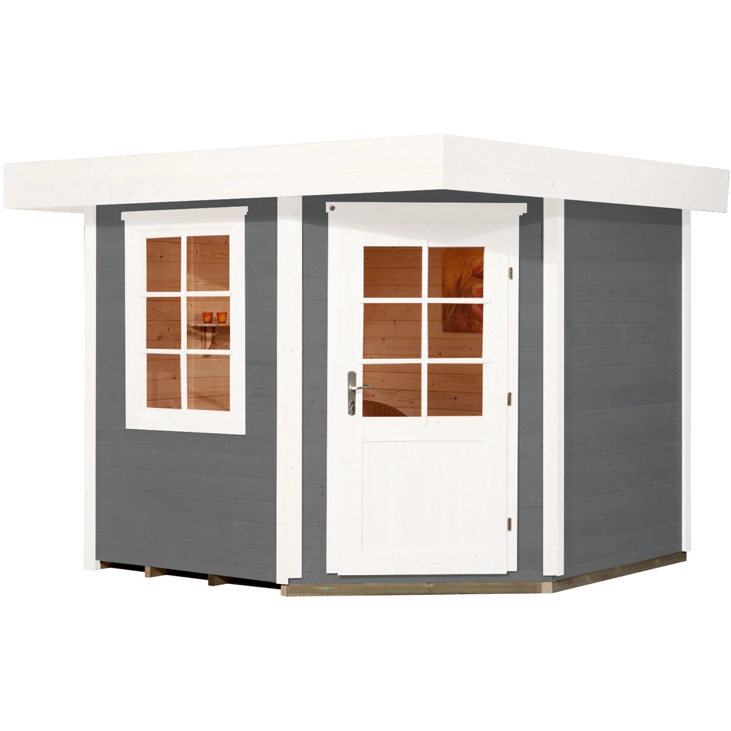 Graues Weka Holz-Gartenhaus mit Flachdach, lasiert, mit Fenster und Tür.