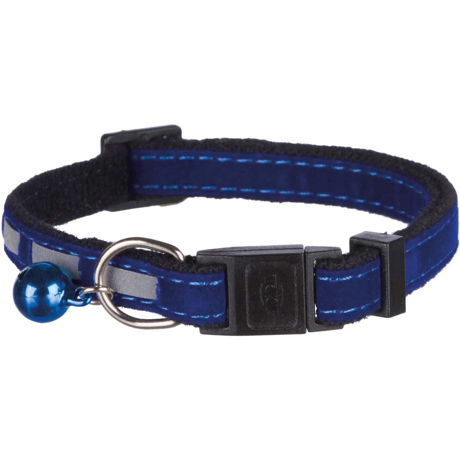 Blaues, reflektierendes Trixie Katzenhalsband aus Samt mit Glöckchen und verstellbarem Verschluss.