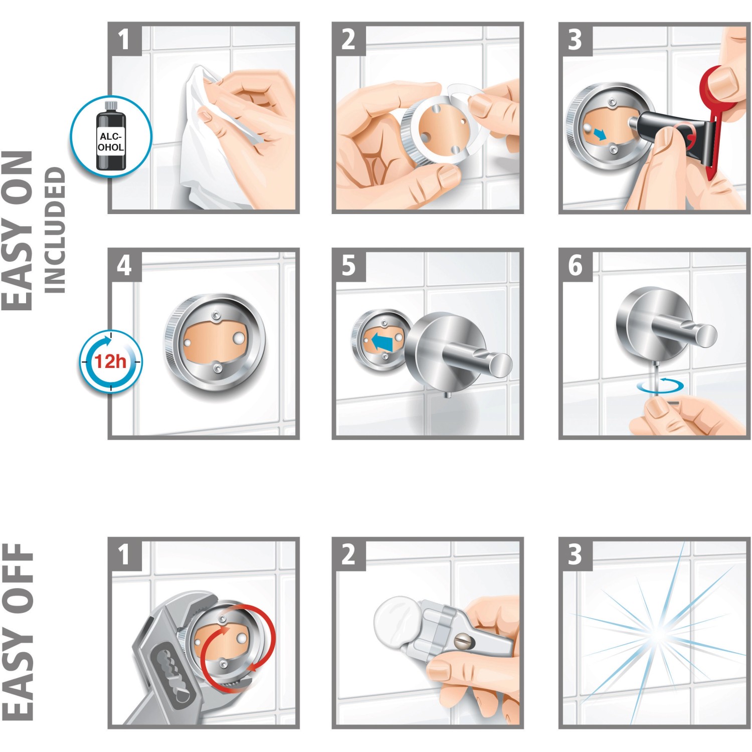 Montageanleitung für tesa® LOXX Toilettenrollenhalter ohne Bohren, hochglanzverchromt.