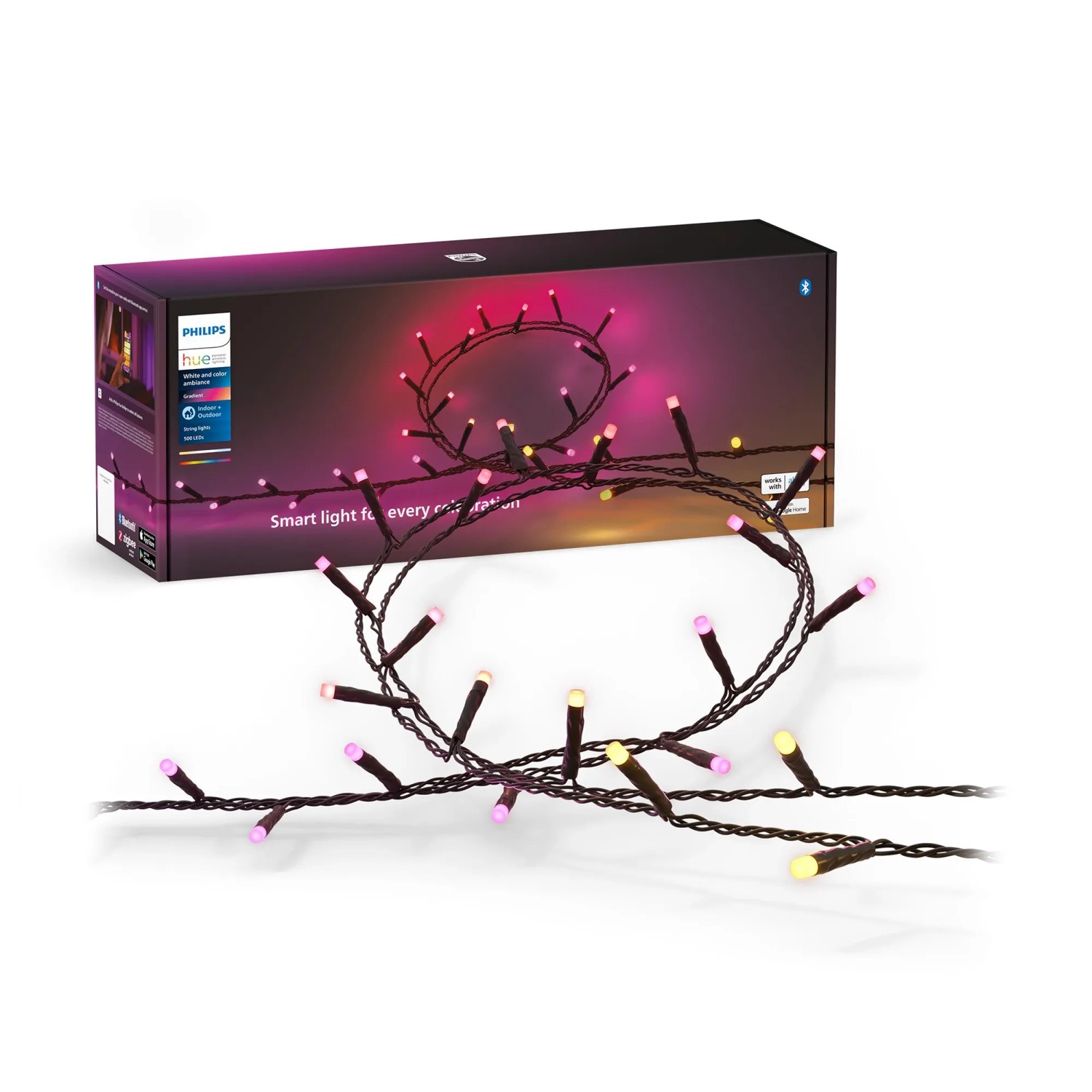 Philips Hue Festavia LED-Lichterkette, 500 LEDs, 40 m, schwarz, für Innen- und Außenbereich.