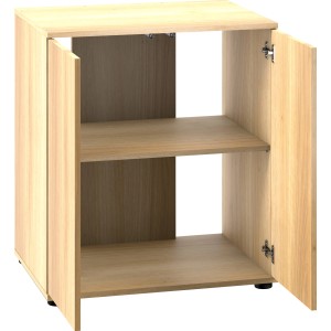 Juwel Aquariumunterschrank SBX Lido 200, helles Holz, mit zwei offenen Türen und zwei Regalböden.