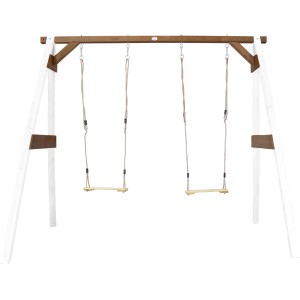 Axi Doppelschaukel, weiß-braunes Schaukelgestell mit zwei Holzschaukeln für Kinder.