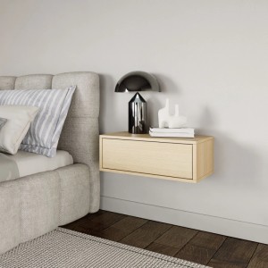 Wandhängender Nachttisch Framme in Eiche Optik mit Schublade. Modernes, platzsparendes Schlafzimmer-Design.