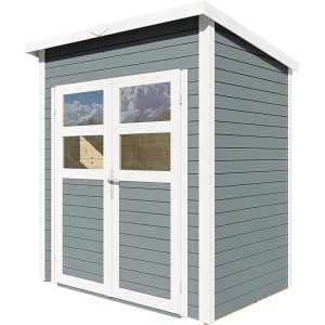 Graues Holz-Gartenhaus Felix mit Doppeltür und Lichtausschnitten. Ideal zur Gartenaufbewahrung.