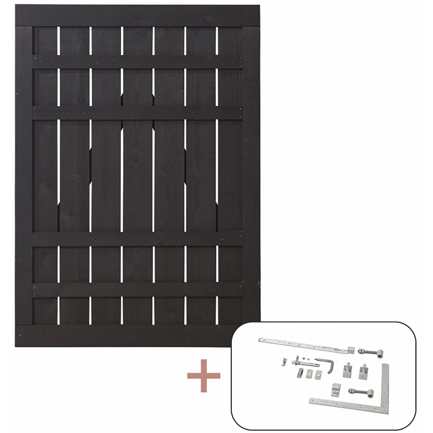 Schwarzes Nadelholz Gartentor Rustik, 100x138cm, mit Beschlägen für Selbstmontage.