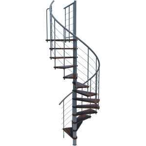 Spindeltreppe Venezia Smart, Walnuss/Grau, Ø140cm, bis 305,5cm Geschosshöhe. Innentreppe mit Holzstufen und grauem Geländer.